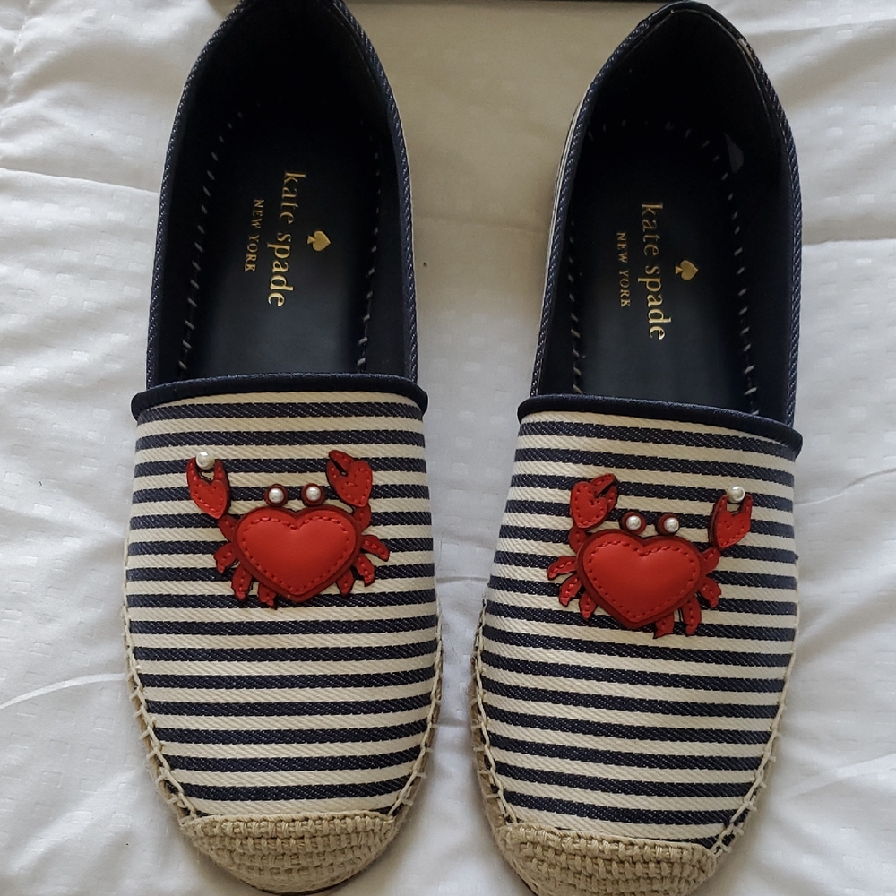 Kate Spade Navy and White Striped Espadrilles with Red Crab